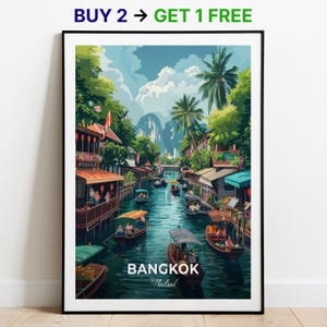 Affiche de voyage de Bangkok, impression d'art mural marché flottant, affiche de la Thaïlande, impression de ville, affiche de ville, décoration d'intérieur, oeuvre d'art de paysage urbain, affiche rétro tendance