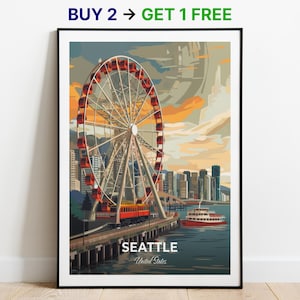 Poster di viaggio di Seattle, la grande ruota panoramica di Seattle, stampa artistica da parete, poster degli Stati Uniti, stampa della città, poster della città, arredamento per la casa, opera d'arte con paesaggio urbano