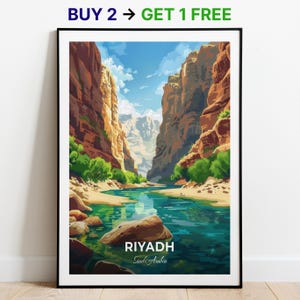 Affiche de voyage de Riyad, impression d'art mural Wadi Hanifah, affiche d'Arabie saoudite, impression de ville, affiche de ville, décoration d'intérieur, oeuvre d'art de paysage urbain, affiche rétro tendance