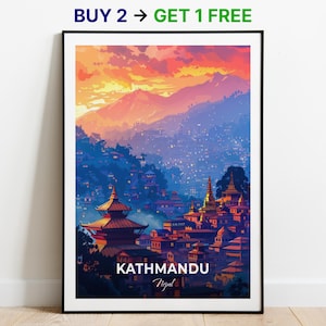 Affiche de voyage de Katmandou, impression d'art mural Swayambhunath, impression d'art mural népalais, impression de ville, affiche de ville, décoration d'intérieur, paysage urbain, oeuvre d'art, affiche rétro tendance