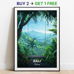 Affiche de voyage à Bali, impression d'art mural balançoire de Bali, affiche de l'Indonésie, impression de la ville, affiche de la ville, décoration d'intérieur, oeuvre d'art paysage urbain, affiche rétro tendance