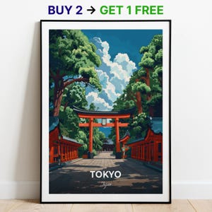 Affiche de voyage de Tokyo, sanctuaire Meiji, impression d'art mural, affiche du Japon, impression de ville, affiche de ville, décoration d'intérieur, oeuvre d'art de paysage urbain, affiche rétro tendance