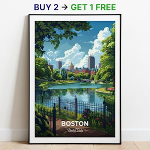 Affiche de voyage de Boston, impression d'art mural jardin public, affiche des États-Unis, impression de la ville, affiche de la ville, décoration d'intérieur, oeuvre d'art paysage urbain, cadeau pour les amateurs d'art