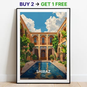 Affiche de voyage Shiraz Zinat Ol Molk, impression d'art mural maison, impression d'Iran, impression de ville, affiche de ville, décoration d'intérieur, oeuvre d'art paysage urbain, affiche rétro tendance