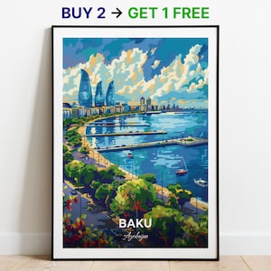 Baku Reiseposter Flame Towers Wand Kunst Druck Aserbaidschan Poster City Print City Poster Wohnkultur Stadtbild Kunstwerk Trendy Retro Poster