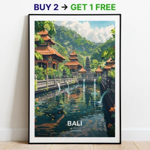 Affiche de voyage à Bali, temple de Tirta Empul, impression d'art mural, impression d'Indonésie, impression de ville, affiche de ville, décoration d'intérieur, oeuvre d'art paysage urbain, cadeau pour les amateurs d'art