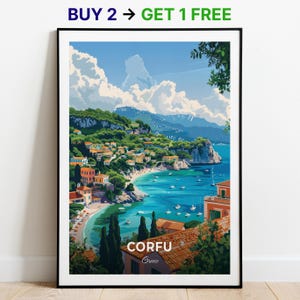 Affiche de voyage de Corfou, impression d'art mural Palaiokastritsa, impression de la Grèce, impression de la ville, affiche de la ville, décoration d'intérieur, oeuvre d'art paysage urbain, affiche rétro tendance