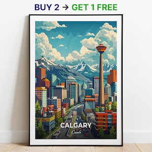 Poster di viaggio di Calgary, stampa artistica da parete della Torre di Calgary, poster del Canada, stampa della città, poster della città, arredamento per la casa, opera d'arte del paesaggio urbano, poster retrò alla moda