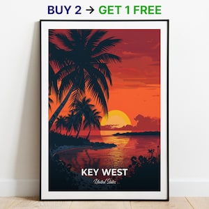 Key West reisposter zonsondergang Key Wall Art Print Verenigde Staten poster stad print stad poster Home decor stadsgezicht kunstwerk kunstliefhebbers cadeau