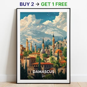 Póster de viaje de Damasco, impresión artística de la pared de la ciudad vieja, póster de Siria, impresión de la ciudad, póster de la ciudad, decoración del hogar, obra de arte del paisaje urbano, póster retro de moda