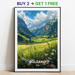 Poster di viaggio di Bolzano, stampa artistica da parete dei prati del Talvera, poster dell'Italia, stampa della città, poster della città, arredamento per la casa, opera d'arte del paesaggio urbano, poster retrò alla moda