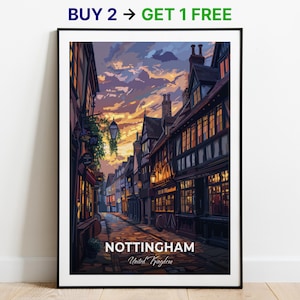 Affiche de voyage Nottingham Ye Olde Trip To Jerusalem, impression d'art mural, affiche du Royaume-Uni, impression de la ville, affiche de la ville, décoration d'intérieur, oeuvre d'art paysage urbain