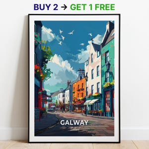 Póster de viaje de Galway, impresión artística de pared de Eyre Square, póster de Irlanda, impresión de ciudad, póster de ciudad, decoración del hogar, obra de arte de paisaje urbano, póster retro de moda