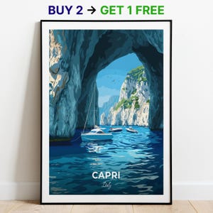 Affiche de voyage Capri, impression d'art mural grotte bleue, impression d'art en Italie, impression de ville, affiche de ville, décoration d'intérieur, oeuvre d'art paysage urbain, affiche rétro tendance