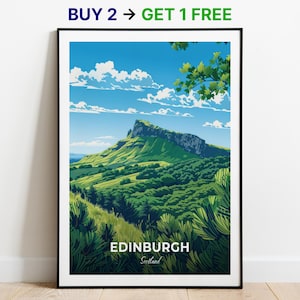 Póster de viaje de Edimburgo, impresión artística de pared de Arthur's Seat, póster de Escocia, impresión de ciudad, póster de ciudad, decoración del hogar, obra de arte de paisaje urbano para colgar en la pared