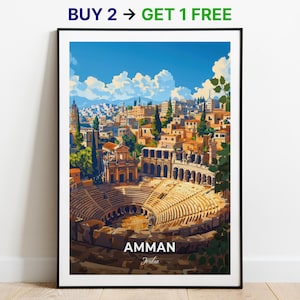 Affiche de voyage d'Amman, impression d'art mural théâtre romain, affiche de Jordanie, impression de ville, affiche de ville, décoration d'intérieur, oeuvre d'art de paysage urbain, affiche rétro tendance