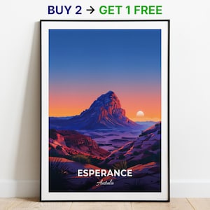 Affiche de voyage Espérance Frenchman Peak, impression d'art mural, impression d'art australienne, affiche de la ville, affiche de la ville, décoration d'intérieur, oeuvre d'art paysage urbain, cadeau pour les amateurs d'art