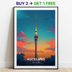 Póster de viaje de Auckland, impresión artística de pared de la Sky Tower, póster de Nueva Zelanda, impresión de la ciudad, póster de la ciudad, decoración del hogar, obra de arte de paisaje urbano, póster retro de moda