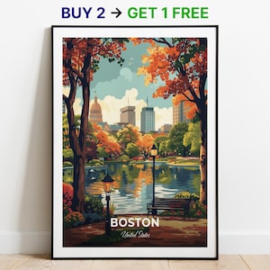 Affiche de voyage de Boston, impression d'art mural jardin public, affiche des États-Unis, impression de la ville, affiche de la ville, décoration d'intérieur, oeuvre d'art paysage urbain, cadeau pour les amateurs d'art