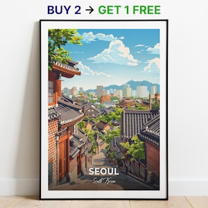 Seoul Reise Poster Bukchon Hanok Dorf Wand Kunst Druck Südkorea Poster City Print Stadt Poster Wohnkultur Stadtbild Kunstwerk Wandbehang
