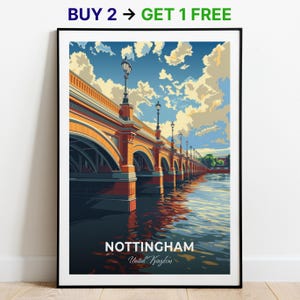 Affiche de voyage à Nottingham, impression d'art mural Trent Bridge, affiche du Royaume-Uni, impression de la ville, affiche de la ville, décoration d'intérieur, oeuvre d'art paysage urbain, tenture murale