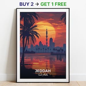 Póster de viaje de Yeda, arte mural antiguo de Yeda, póster de Arabia Saudita, impresión de ciudad, póster de ciudad, decoración del hogar, obra de arte de paisaje urbano, póster retro de moda