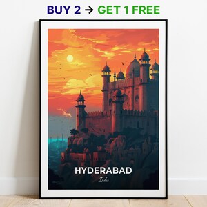 Poster di viaggio di Hyderabad, stampa artistica da parete del Forte di Golconda, poster dell'India, stampa della città, poster della città, arredamento per la casa, opera d'arte del paesaggio urbano, poster retrò alla moda