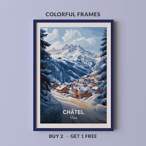 Puede incluir: Un cuadro enmarcado con una escena de paisaje invernal. La obra representa un pueblo cubierto de nieve en un valle, con montañas al fondo. El texto "CHÂTEL France" está en la parte inferior. El marco es azul oscuro. El texto "COLORFUL FRAMES" está en la parte superior.