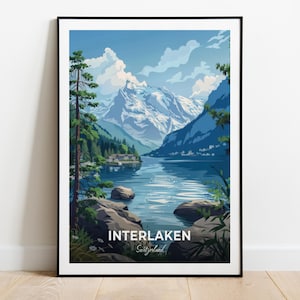 Interlaken, affiche de voyage Jungfrau, impression d'art mural, Suisse, impression de ville, affiche de ville, décoration d'intérieur, paysage urbain, oeuvre d'art, affiche rétro tendance