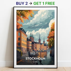 Affiche de voyage de Stockholm Impression d'art mural Gamla Stan (vieille ville) Affiche de la Suède Impression de la ville Affiche de la ville Décoration d'intérieur Paysage urbain Oeuvre d'art à suspendre