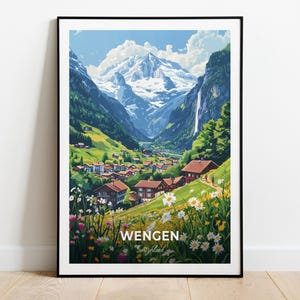 Póster de viaje de Wengen, impresión artística de pared, póster de Suiza, impresión de ciudad, póster de ciudad, decoración del hogar, obra de arte de paisaje urbano, póster retro de moda para colgar en la pared
