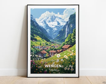 Wengen Travel Poster Wall Art Print Switzerland Poster City Print City Poster Home Decor Cityscape Artwork Trendy Retro Poster Wall Hanging