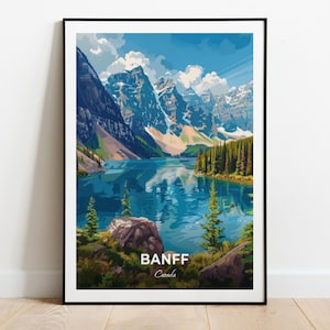Affiche de voyage de Banff, impression d'art mural parc national Banff, affiche du Canada, impression de ville, affiche de ville, décoration d'intérieur, oeuvre d'art paysage urbain, affiche rétro tendance