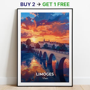 Póster de viaje de Limoges, Le Vieux Pont, impresión artística de pared, póster de Francia, impresión de ciudad, póster de ciudad, decoración del hogar, obra de arte de paisaje urbano, póster retro de moda