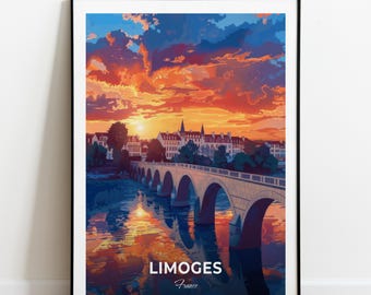 Limoges, affiche de voyage, Le Vieux Pont, impression d'art mural, France, impression de ville, affiche de ville, décoration d'intérieur, paysage urbain, oeuvre d'art, affiche rétro tendance