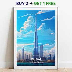 Affiche de voyage de Dubaï, impression d'art mural Burj Khalifa, affiche des Émirats arabes unis, impression de ville, affiche de ville, décoration d'intérieur, oeuvre d'art de paysage urbain, tenture murale