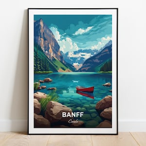 Affiche de voyage de Banff, impression d'art mural Lake Louise, affiche du Canada, impression de ville, affiche de ville, décoration d'intérieur, oeuvre d'art de paysage urbain, affiche rétro tendance