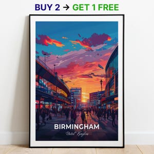 Affiche de voyage de Birmingham, centre commercial, impression d'art mural, affiche du Royaume-Uni, impression de la ville, affiche de la ville, décoration d'intérieur, oeuvre d'art paysage urbain