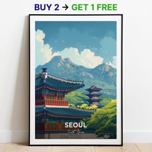 Affiche de voyage de Séoul, impression d'art mural du palais de Gyeongbokgung, affiche de la Corée du Sud, impression de la ville, affiche de la ville, décoration d'intérieur, oeuvre d'art de paysage urbain, tenture murale