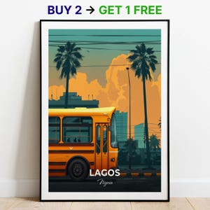 Affiche de voyage de Lagos, impression d'art mural Danfo Buses emblématiques, impression d'art mural, affiche du Nigeria, impression de ville, affiche de ville, décoration d'intérieur, oeuvre d'art de paysage urbain, affiche rétro tendance