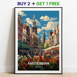 Affiche de voyage d'Amsterdam, impression d'art mural Bloemenmarkt, affiche des Pays-Bas, impression de la ville, affiche de la ville, décoration d'intérieur, oeuvre d'art paysage urbain, cadeau pour les amateurs d'art