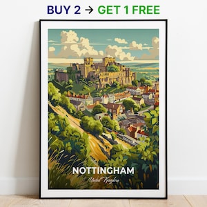 Affiche de voyage de Nottingham, impression d'art mural château de Nottingham, affiche du Royaume-Uni, impression de ville, affiche de ville, décoration d'intérieur, oeuvre d'art paysage urbain