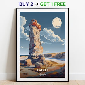 Affiche de voyage de Bakou, impression d'art mural du parc national de Gobustan, affiche de l'Azerbaïdjan, impression de la ville, affiche de la ville, décoration d'intérieur, oeuvre d'art paysage urbain, tenture murale