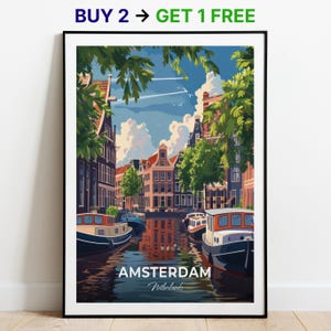 Affiche de voyage d'Amsterdam, impression d'art mural canaux d'Amsterdam, affiche des Pays-Bas, impression de la ville, affiche de la ville, décoration d'intérieur, oeuvre d'art paysage urbain
