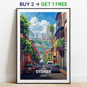 Affiche de voyage de Sydney, impression d'art mural The Rocks, affiche d'Australie, impression de ville, affiche de ville, décoration d'intérieur, oeuvre d'art de paysage urbain, affiche rétro tendance