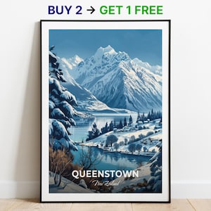 Poster di viaggio di Queenstown, The Remarkables, stampa artistica da parete, poster della Nuova Zelanda, stampa della città, poster della città, arredamento per la casa, opera d'arte con paesaggio urbano, da appendere alla parete