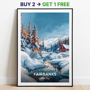 Affiche de voyage Fairbanks Sources chaudes de Chena, impression d'art mural, affiche des États-Unis, impression de la ville, affiche de la ville, décoration d'intérieur, oeuvre d'art paysage urbain
