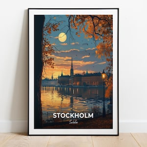Affiche de voyage de Stockholm, impression d'art mural sur l'île de Djurgarden, affiche de la Suède, impression de la ville, affiche de la ville, décoration d'intérieur, oeuvre d'art paysage urbain, cadeau pour les amateurs d'art