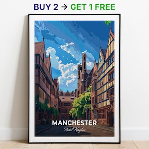 Manchester Travel Poster Chetham&#039;s Library Wall Art Print United Kingdom Poster City Print City Poster Home Decor Cityscape Artwork