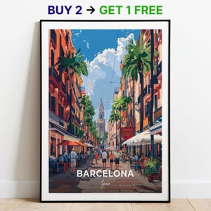 Affiche de voyage à Barcelone, rue La Rambla, impression d'art mural, impression d'art en Espagne, impression de ville, affiche de ville, décoration d'intérieur, oeuvre d'art paysage urbain, affiche rétro tendance